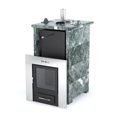 Газовая печь для бани ИзиСтим «Сочи» в трёхстороннем кожухе из змеевика в Горно-Алтайске