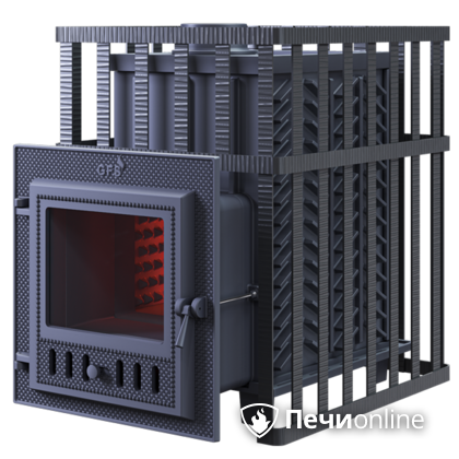 Дровяная банная печь Гефест ЗК в сетке-18 (М) чугунная дверца со стеклом, запатентованная каменка сетка в Горно-Алтайске